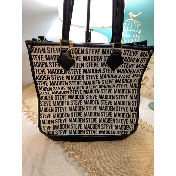 Steven Madden Large Purse Bag Tote Logo Gray Black Card Wallet Strap Handles GUC - Picture 3 of 12